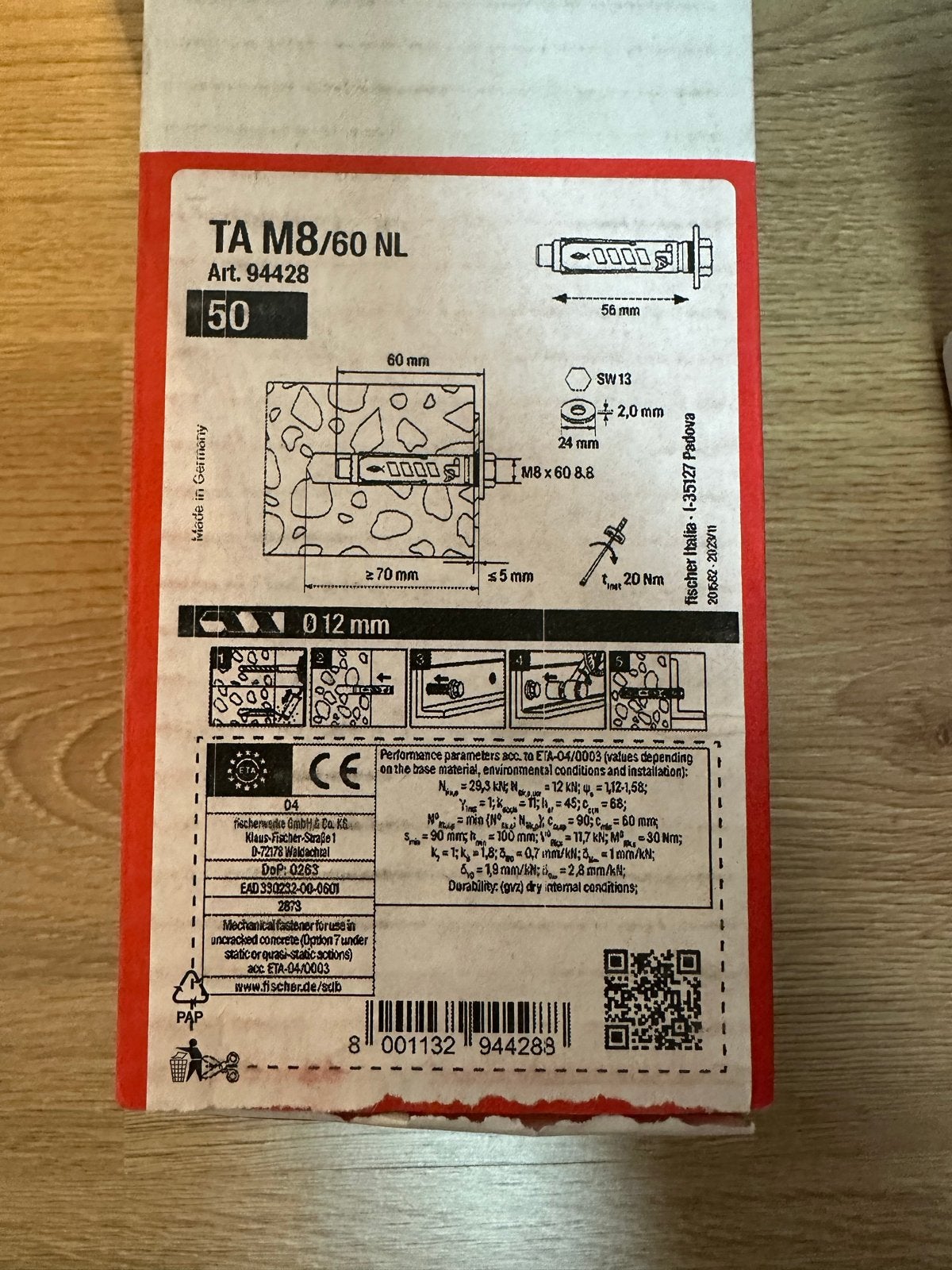 Fischer TA M8/60 NL Anker - 1,5 doos 75 stuks, Ophalen, Nieuw, 50 tot 100 mm, Pluggen