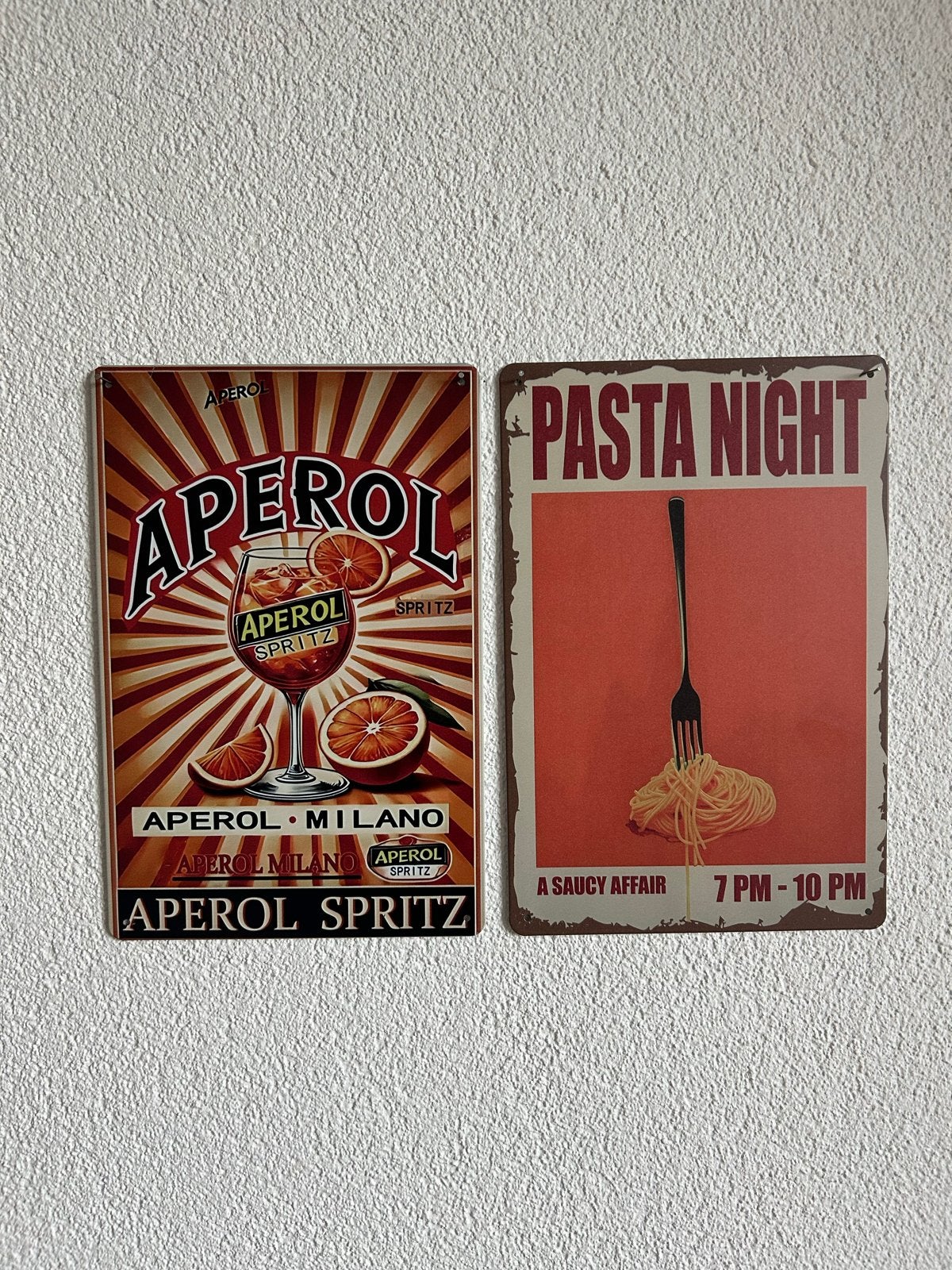 Metalen borden 20x30 cm - Aperol Spritz & Pasta Night, Vintage, Gebruikt, Meerkleurig, Ophalen of Verzenden