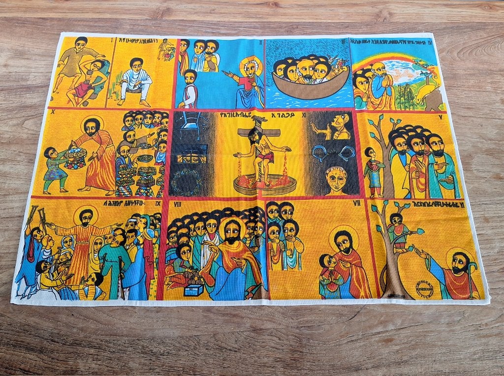 hongerdoek vastendoek De druivenpers 1978 Ethiopië 67x93cm, Ophalen of Verzenden, Zo goed als nieuw, Overige typen, Christendom | Katholiek