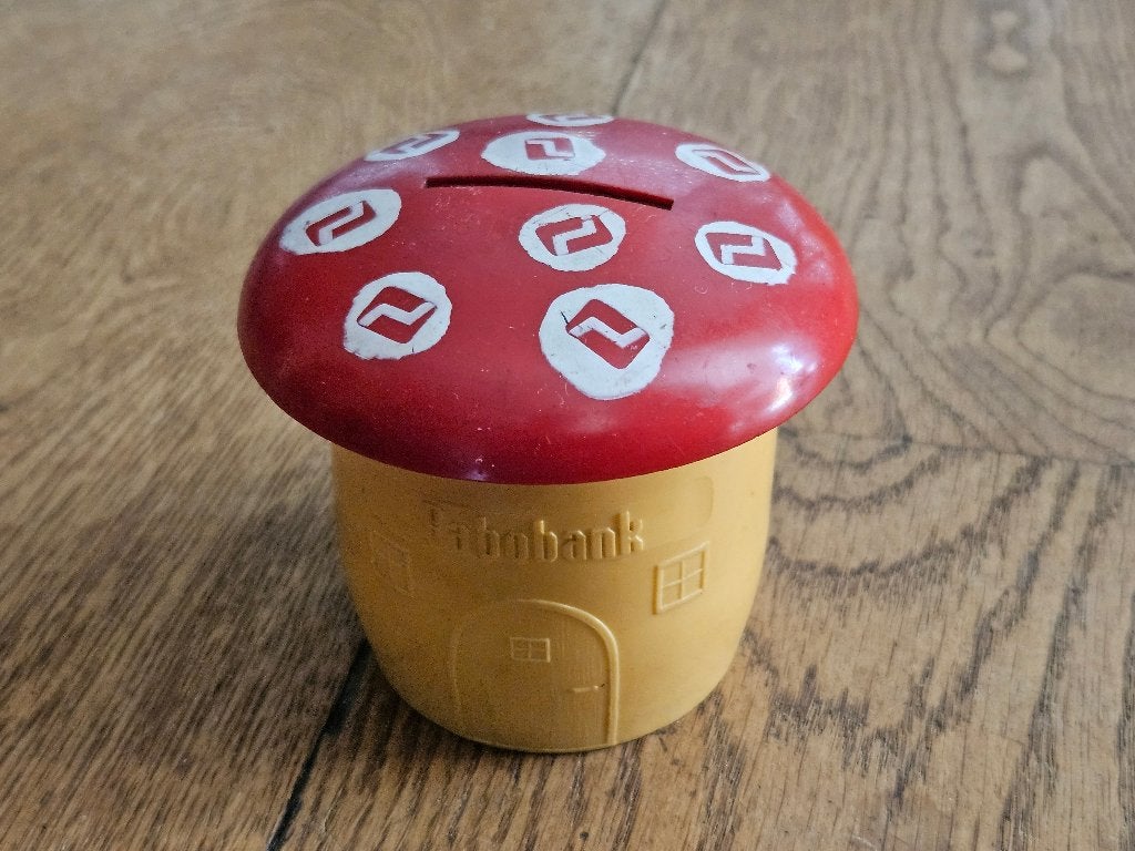 Vintage Rabobank spaarpot paddestoel, Ophalen of Verzenden, Gebruikt, Kunststof, Overige thema's