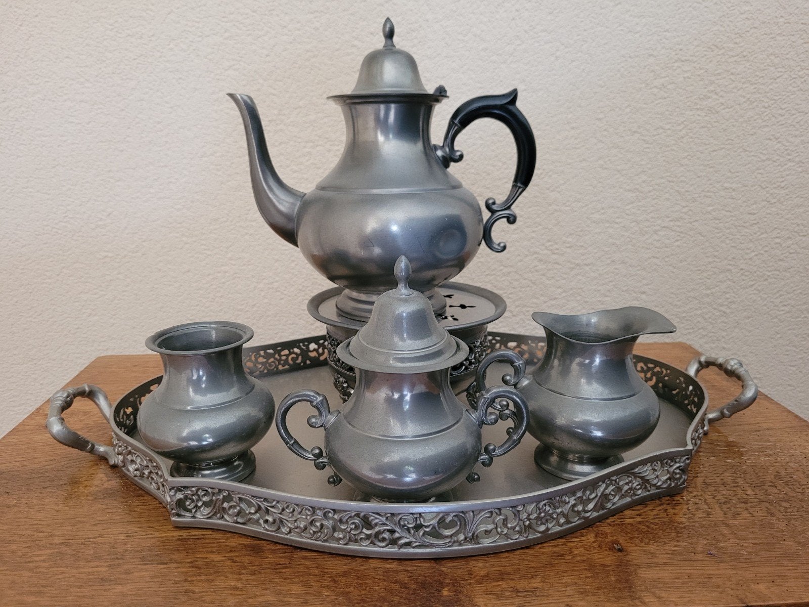 Antiek tinnen theeservies met dienblad, Ophalen