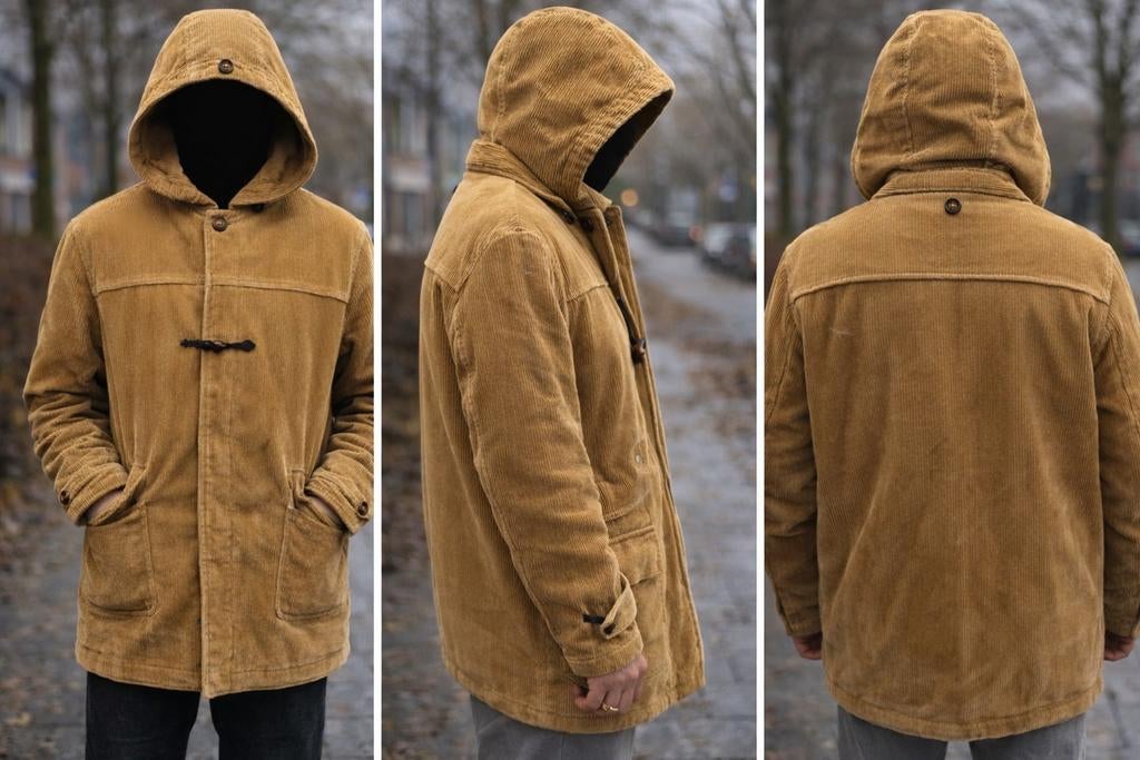Gedragen ribfluwelen duffelcoat met capuchon, Maat 52/54 (L), Ophalen of Verzenden, Gedragen, Onbekend