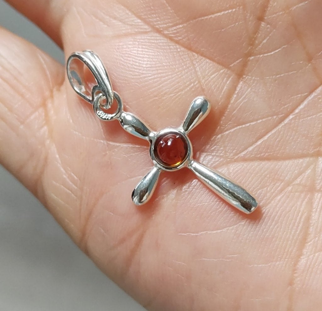 925 zilveren hanger Kruis met natuurlijke Barnsteen(Amber), Sieraden, Tassen en Uiterlijk, Kettinghangers, O.T., Nieuw, Oranje