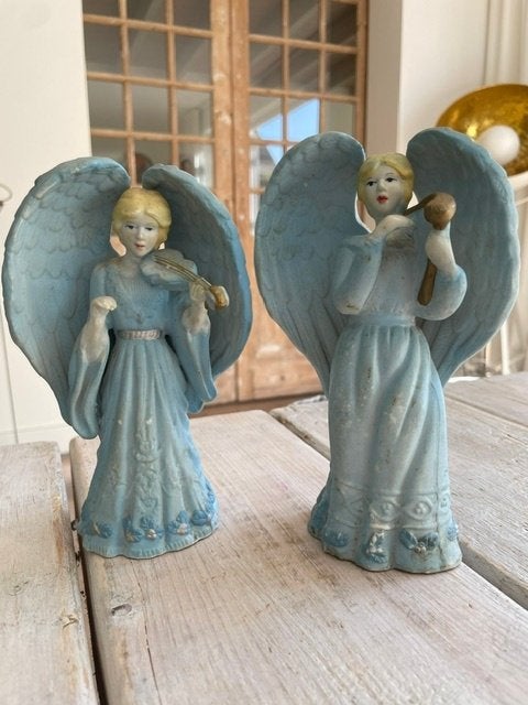 2 x vintage engel / kerstengel. Blauw wit porselein Kerstmis, Ophalen