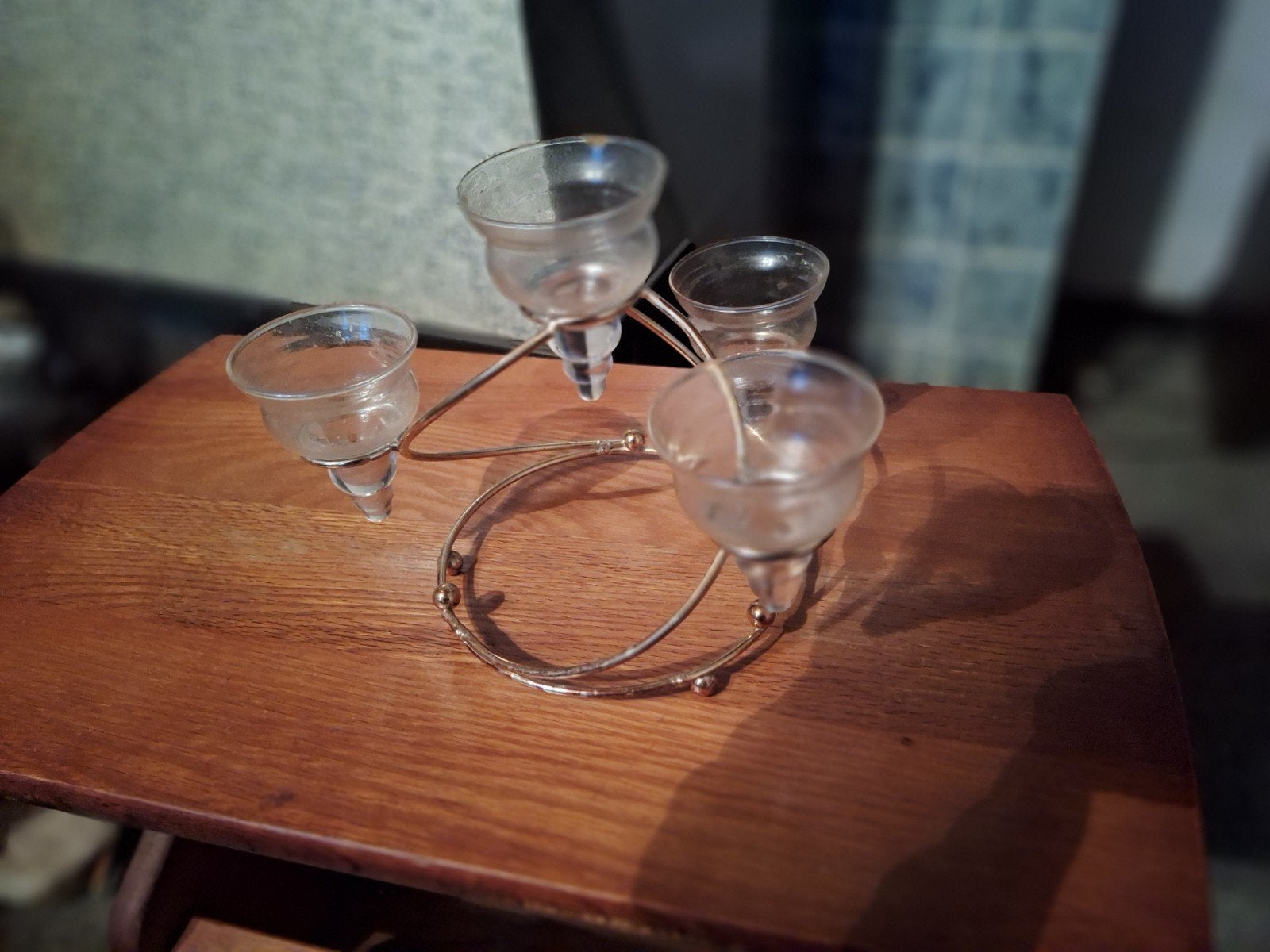 Vintage glazen theelichthouder met metalen frame, Antiek en Kunst, Ophalen of Verzenden, Glas
