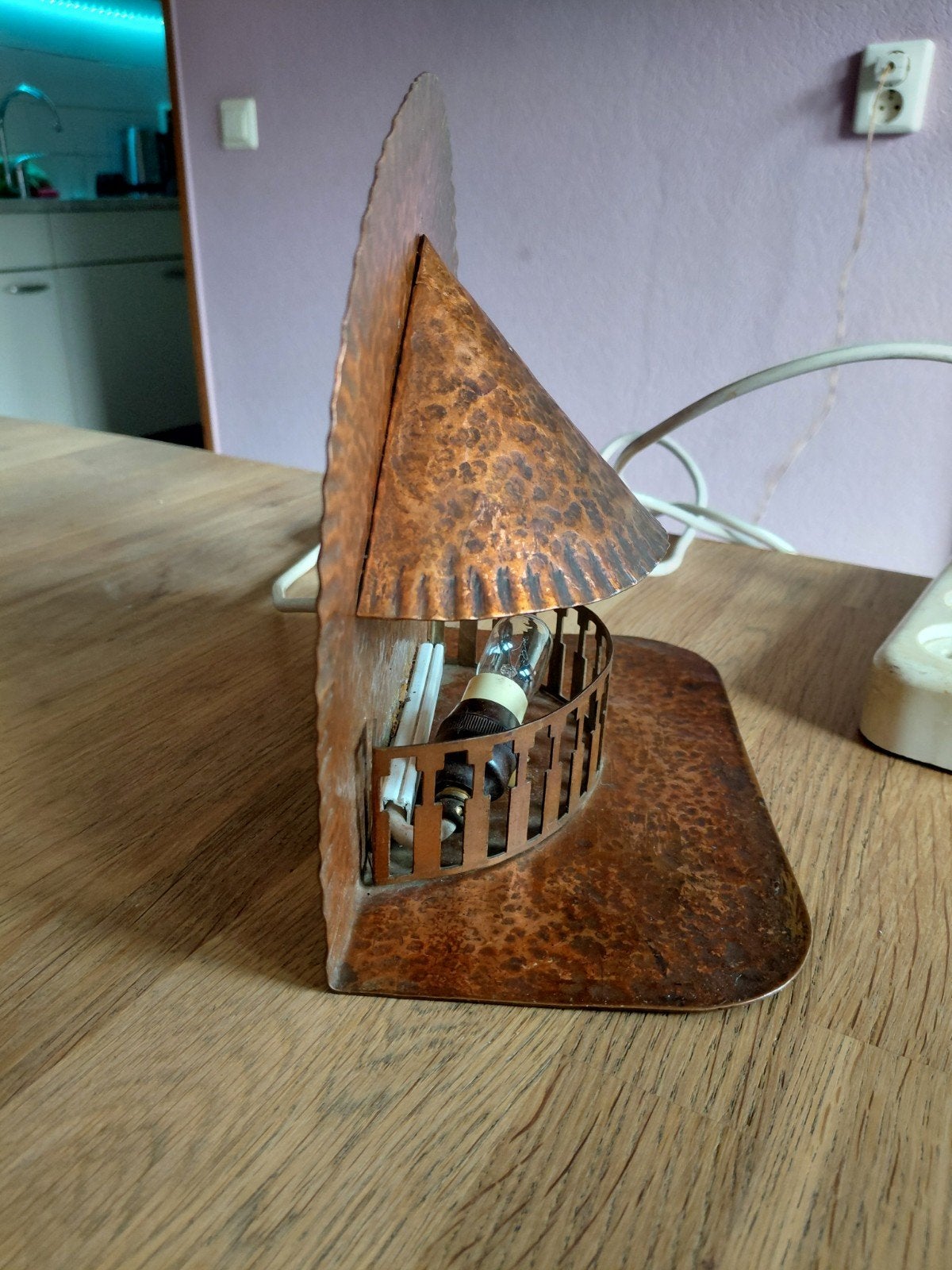 Vintage Art-deco  koperen tafellamp - Handgemaakt, Ophalen of Verzenden, Glas, Handgemaakt, Vintage