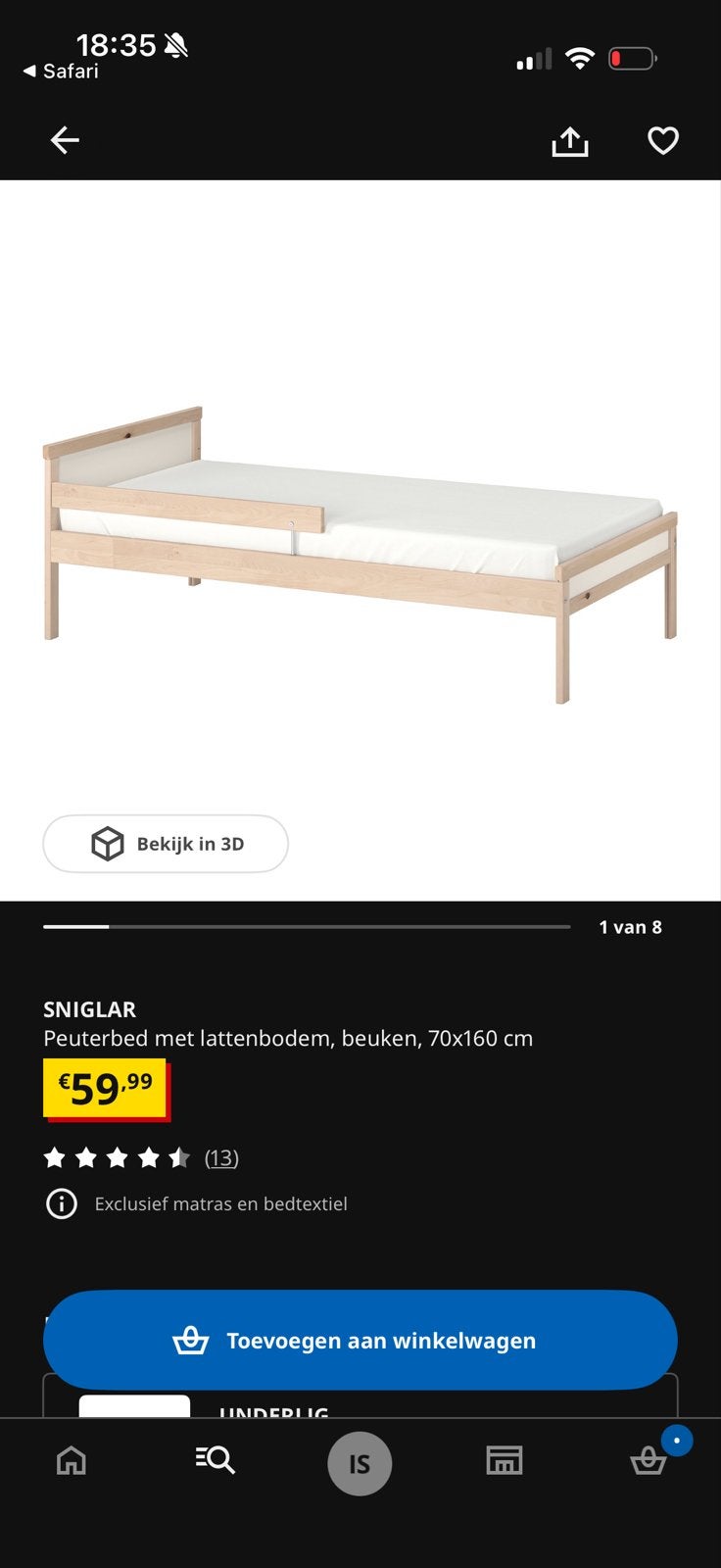 IKEA SNIGLAR Peuterbed - Zo goed als nieuw, Kinderen en Baby's, Ophalen, 70 tot 85 cm, 140 tot 160 cm, Zo goed als nieuw