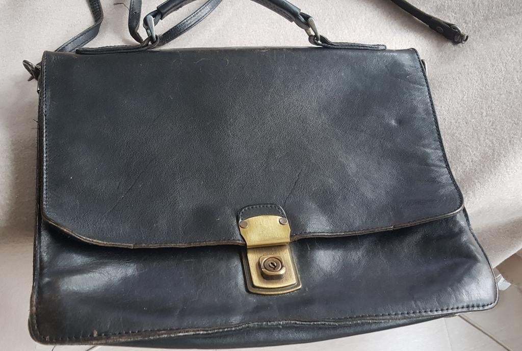 Dames / heren zwart leren attache tas, br 35 - h 28 - d 8 cm, Ophalen of Verzenden, Gebruikt, Zwart, Schoudertasje