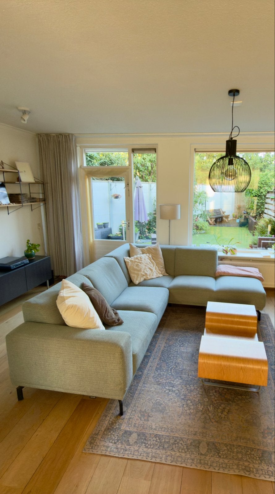 Moderne Hoekbank - Lichtblauw/Grijs Stof, Huis en Inrichting, Ophalen, 250 tot 300 cm, Gebruikt, 100 tot 125 cm