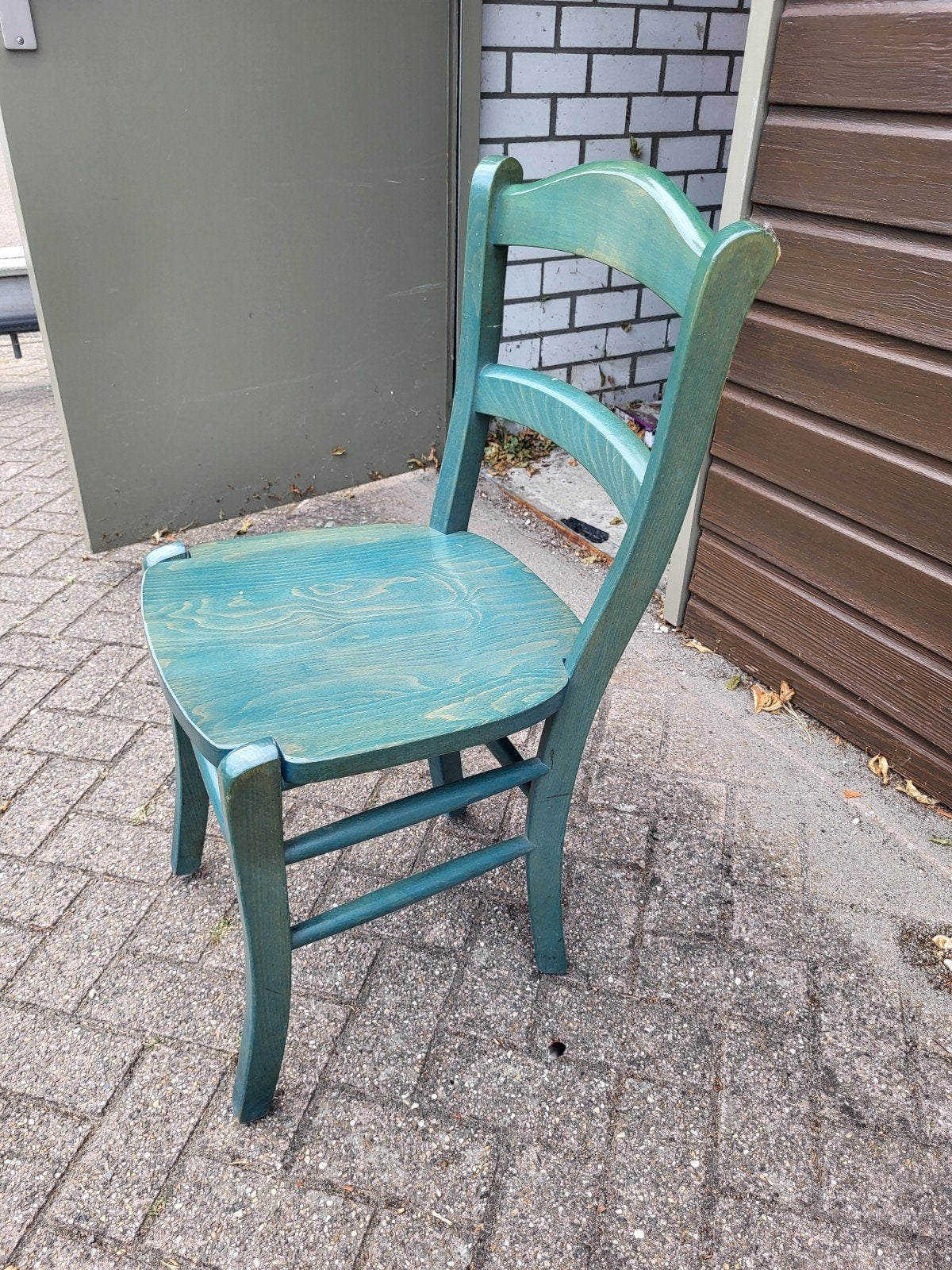 6 Horeca stoelen - Gebruikt, blauwgroen Hout, Huis en Inrichting, Stoelen, Ophalen, Gebruikt, Overige kleuren, Klassiek, Horeca