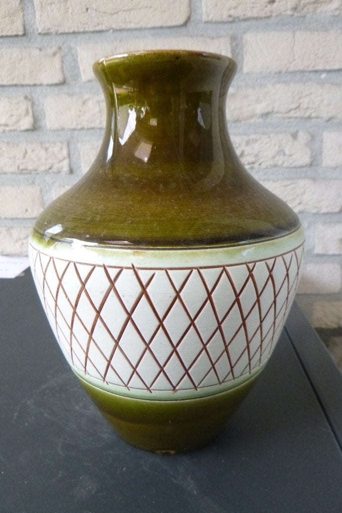 vintage mosgroene vaas met aparte decoratie, Ophalen of Verzenden, Gebruikt, Overige kleuren, Steen/keramiek