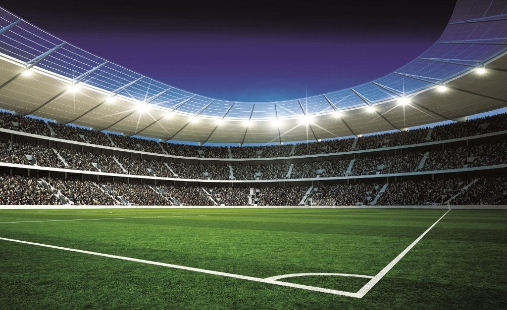 Voetbal vlies behang stadion 2, Voetbal VLIES fotobehang,, Verzenden, Fotobehang, 5 tot 10 m²