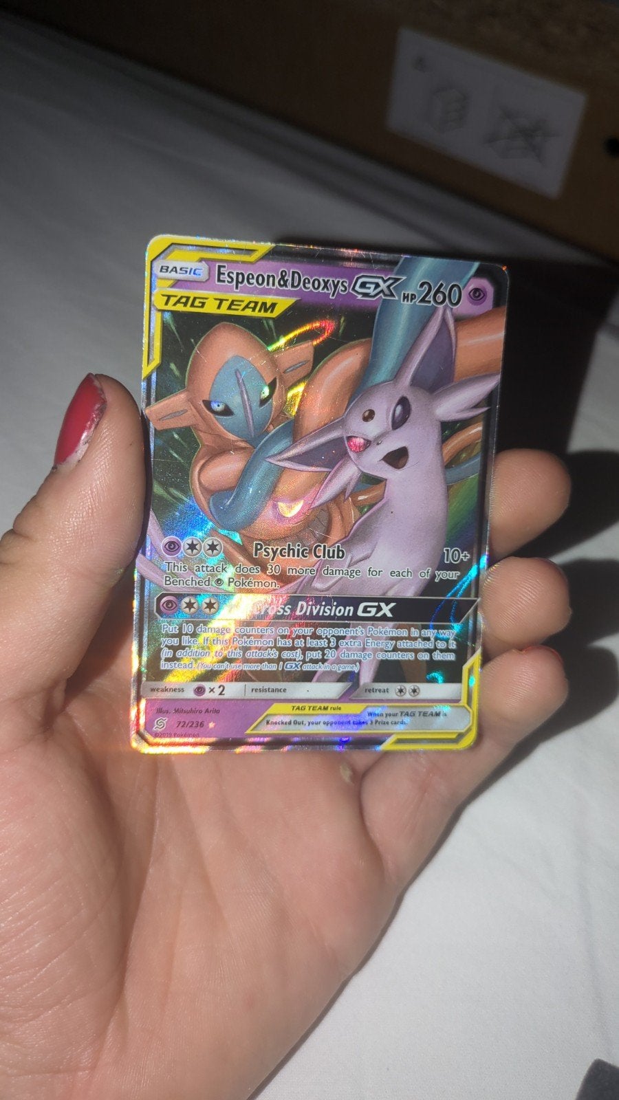 Espeon & Deoxys GX TAG TEAM Pokémon Kaart, Ophalen of Verzenden, Gebruikt, Losse kaart