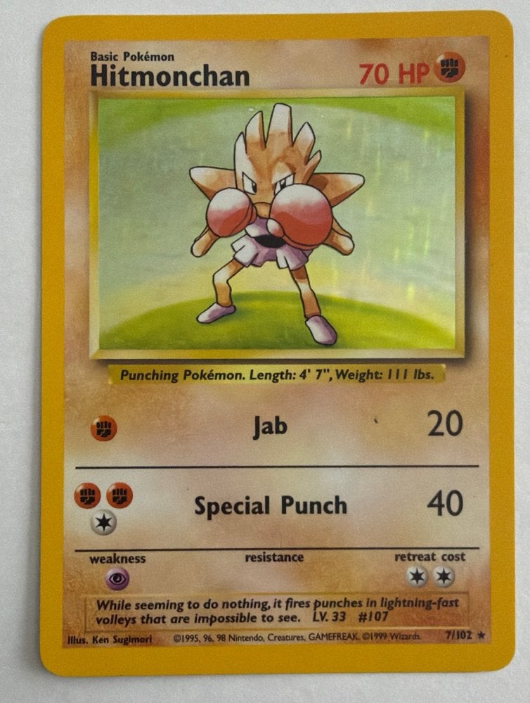 Hitmonchan Holo 7/102 - Original Base Set (1999) - EX/NM, Ophalen of Verzenden, Gebruikt, Losse kaart, Foil
