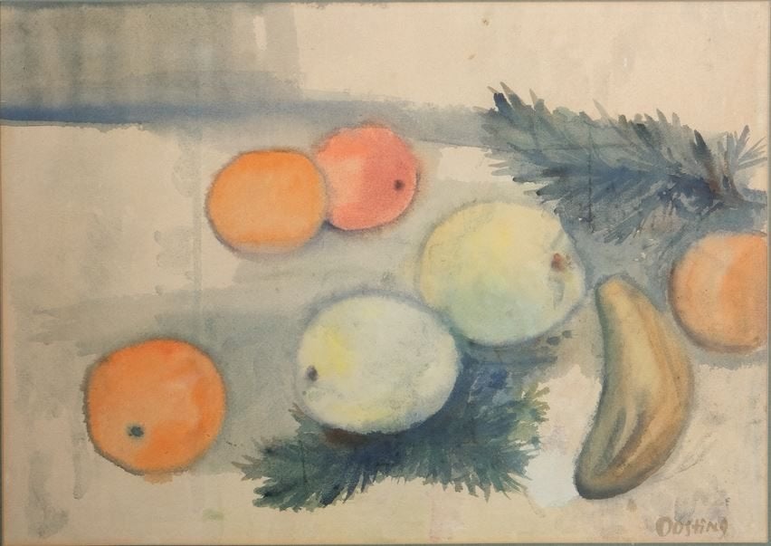 Jeanne Bieruma Oosting (1898) Aquarel " Stilleven Fruit" Ges, Achter glas, Aquarel, Stilleven, Papier/karton