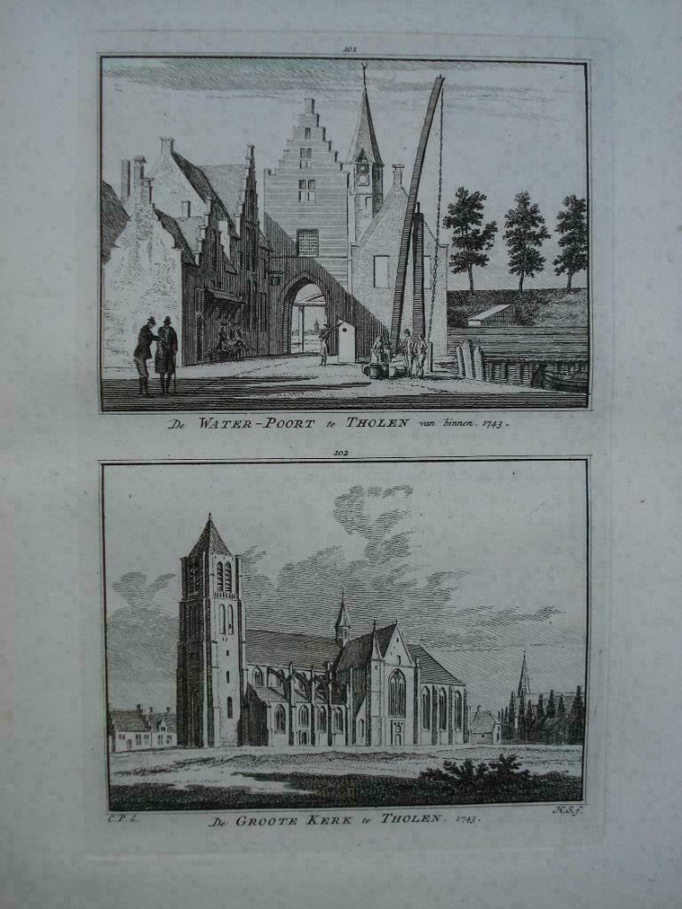 101-102 / Tholen de Waterpoort / Kopergravure 1754, Antiek en Kunst, Ophalen of Verzenden