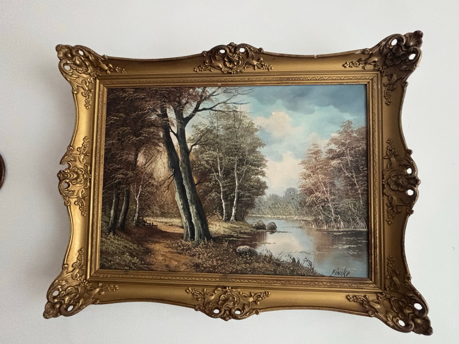 Schilderij 'Boslandschap met water' gesigneerd Fincke, Ophalen
