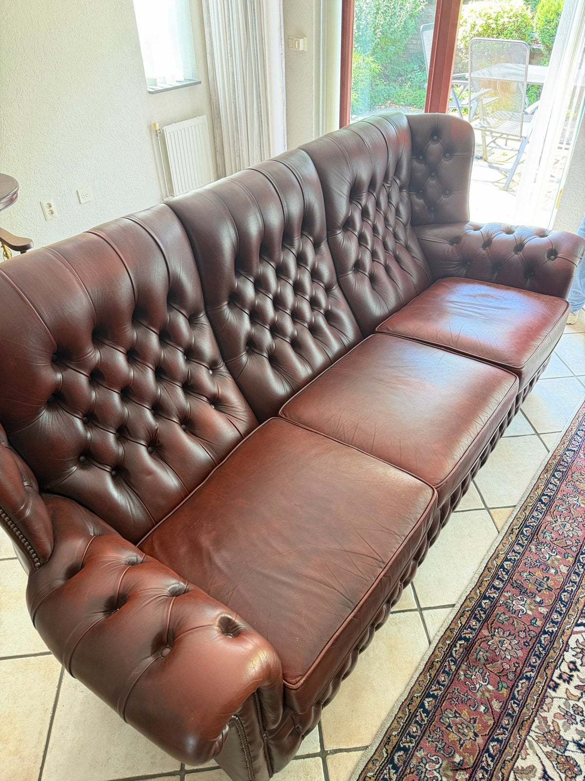 Chesterfield 3-zits bank en 2 fauteuils - Leer, Huis en Inrichting, Ophalen, Gebruikt, Driepersoons, Rechte bank