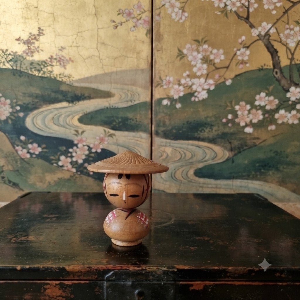 Vintage kokeshi met Ajirogasa, Hout, Verzenden, 4 cm, Japan