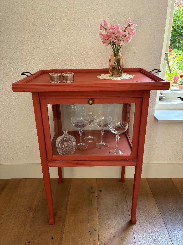 Theekastje zalm/oudroze kleur, Huis en Inrichting, Ophalen, Gebruikt, Met klep(pen), Glas
