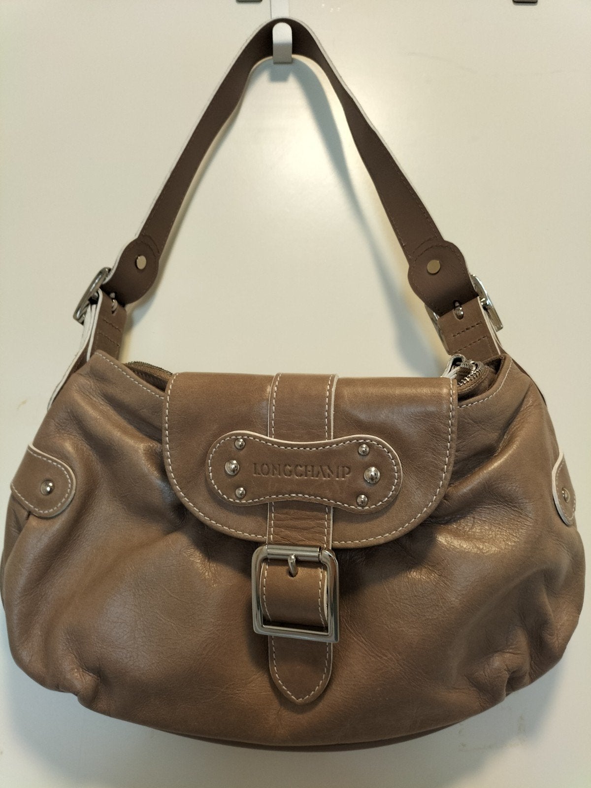 leren schouderstas van Longchamp, Ophalen of Verzenden, Zo goed als nieuw, Beige, Handtas