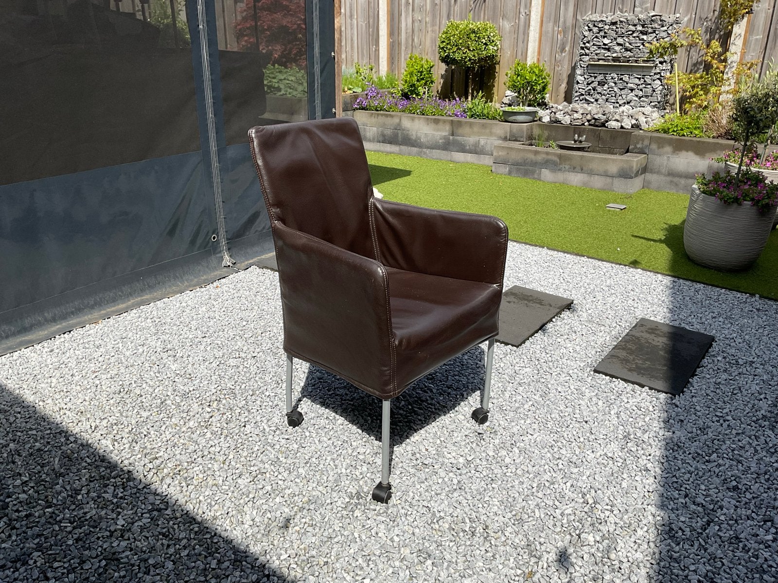 6 Bruine leren eetkamerstoelen met wieltjes, Huis en Inrichting, Stoelen, Ophalen, Gebruikt, Bruin, Leer