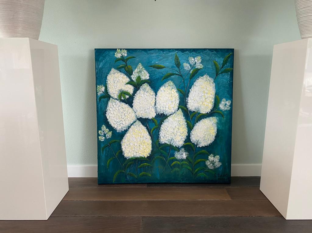 Prachtige witte hortensia’s, groot uniek schilderij, Ophalen