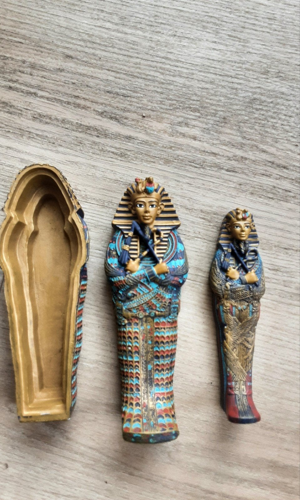 Set van 2 Egyptische mummie beeldjes in sarcofaag, Ophalen of Verzenden, Zo goed als nieuw, Overige typen