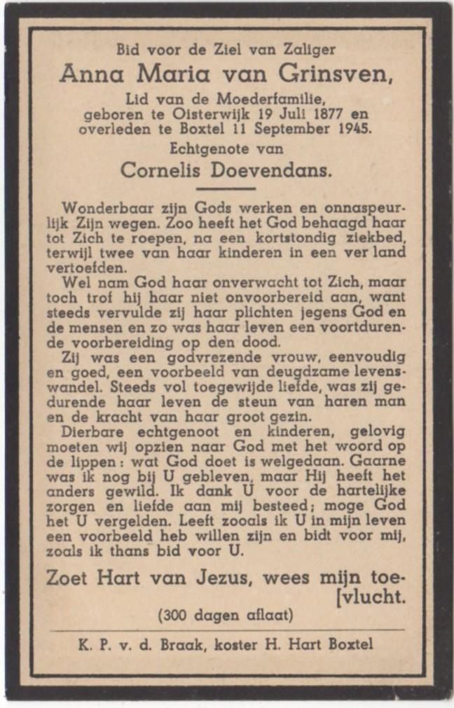 Anna Maria van Grinsven 1877 Oisterwijk + 1945 Boxtel, 68 jr, Verzenden
