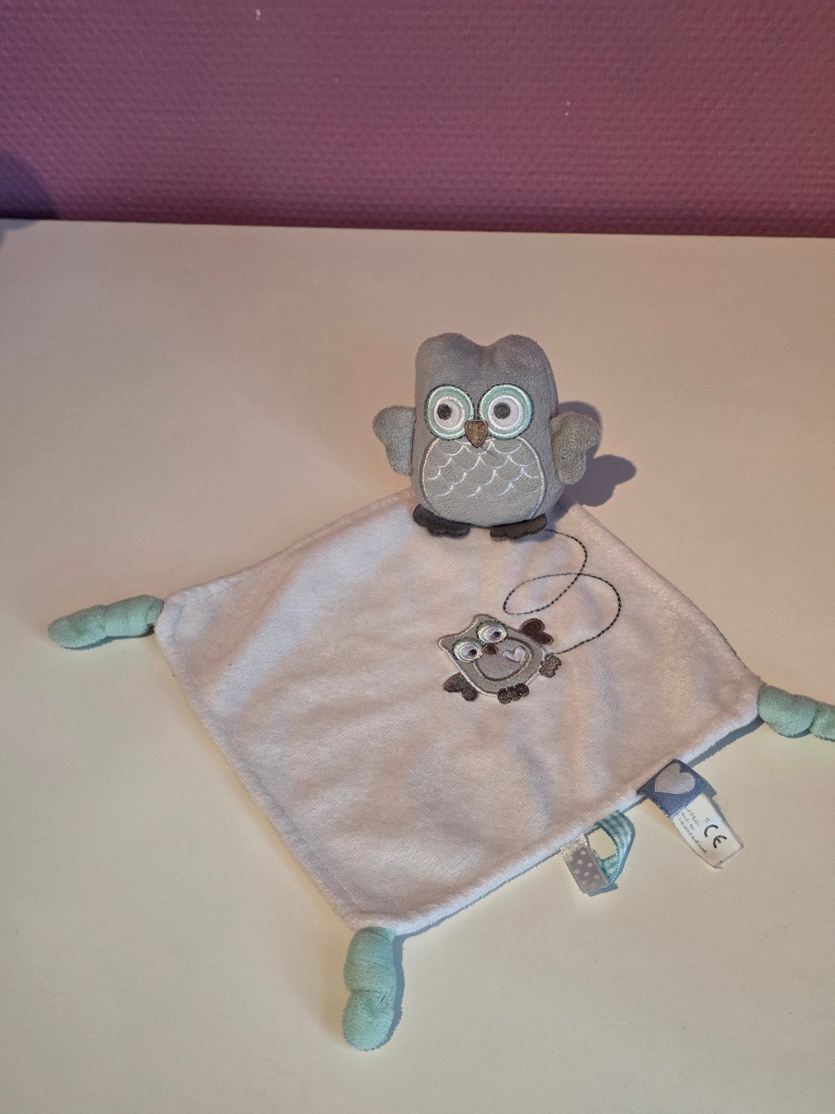 Zacht Tiamo Knuffeldoekje / Knuffel Uil (Mintgroen/Grijs), Overige typen, Ophalen of Verzenden, Zo goed als nieuw, Tiamo