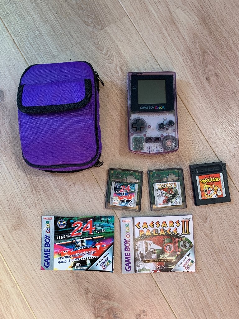 Nieuwstaat set Nintendo Gameboy Color purple transparant, Ophalen of Verzenden, Zo goed als nieuw, Game Boy Color, Met beschermhoes of tas