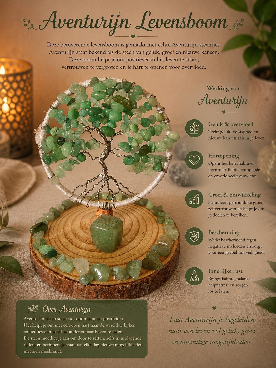 Levensboom met Aventurijn edelstenen op houten voet, Groen, Boho, Nieuw, Ophalen of Verzenden