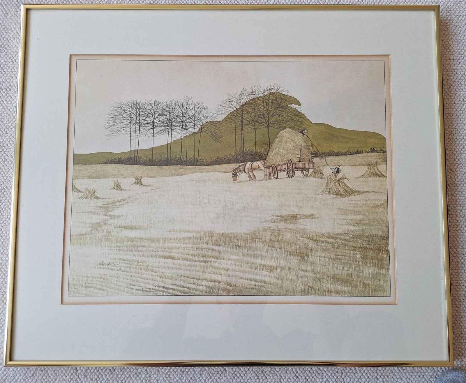 Litho van R.A. Massey - Hooiwagen op het land, Ingelijst, Ophalen of Verzenden, Landschappen, Lithografie