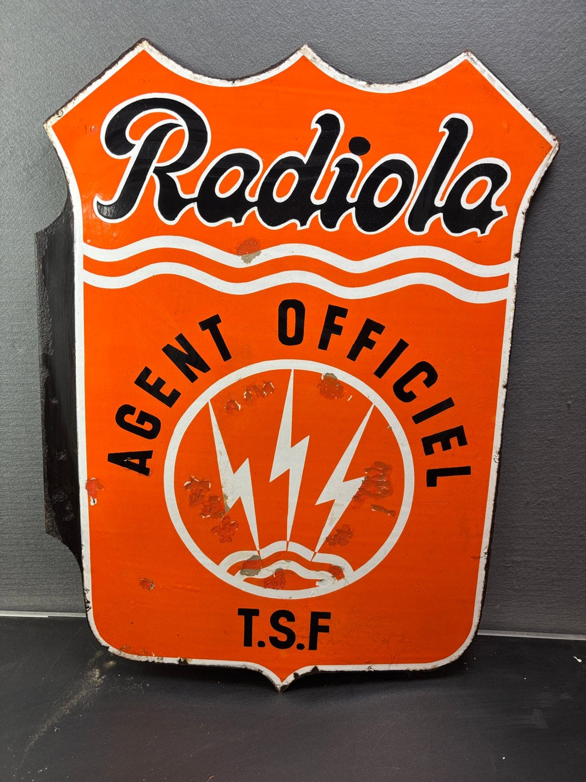 Radiola dubbelzijdig emaille reclame bord 79x57 cm, Reclamebord, Radiola, ., Ophalen of Verzenden