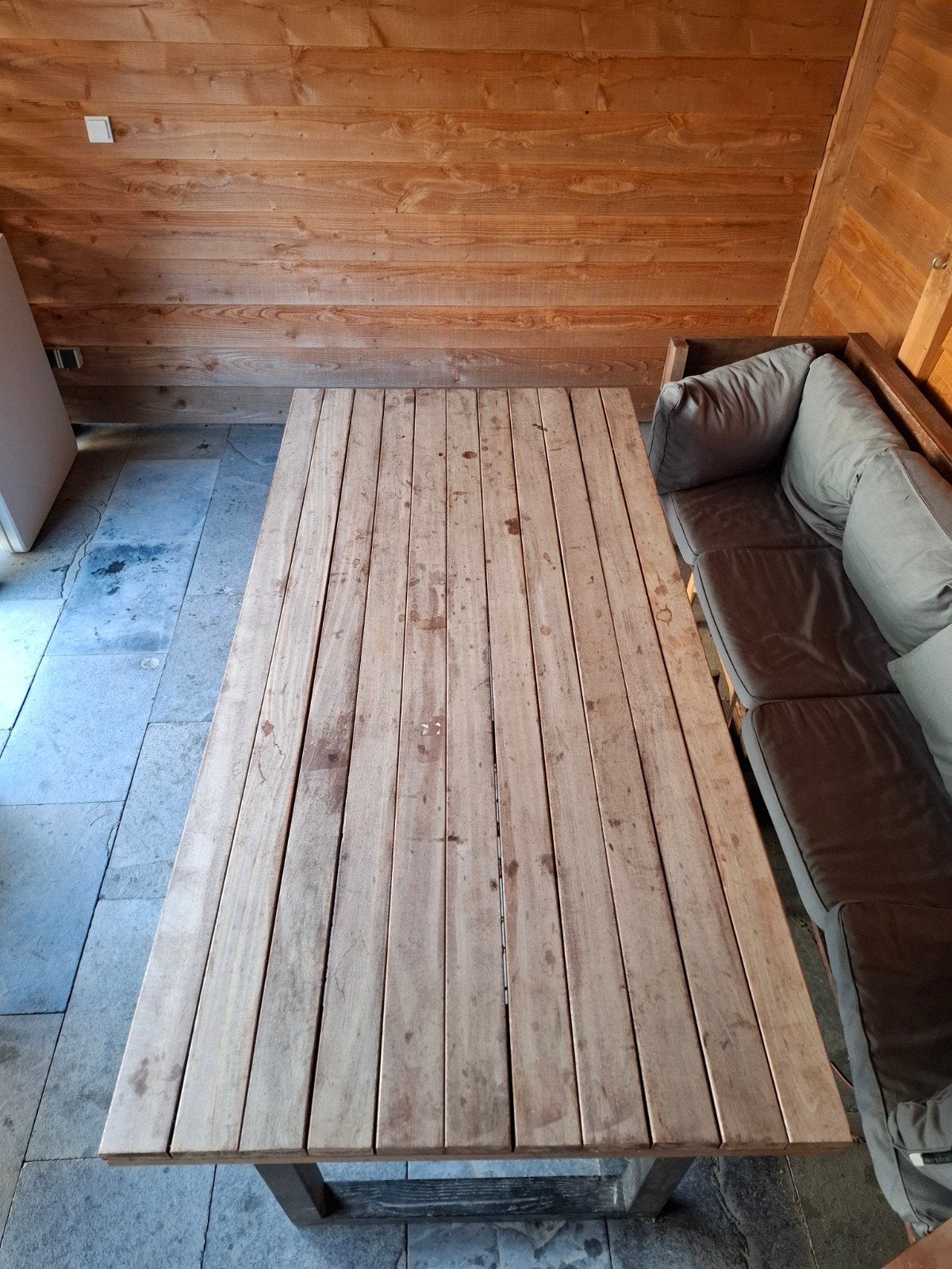 Massief hardhouten tuintafel 100x203 cm (zonder poten), Tuin en Terras, Ophalen, Gebruikt, Rechthoekig, Hout