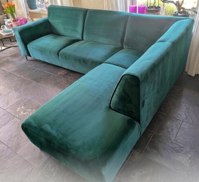 Velours groene hoekbank, Huis en Inrichting, Ophalen, Gebruikt, Hoekbank, Stof