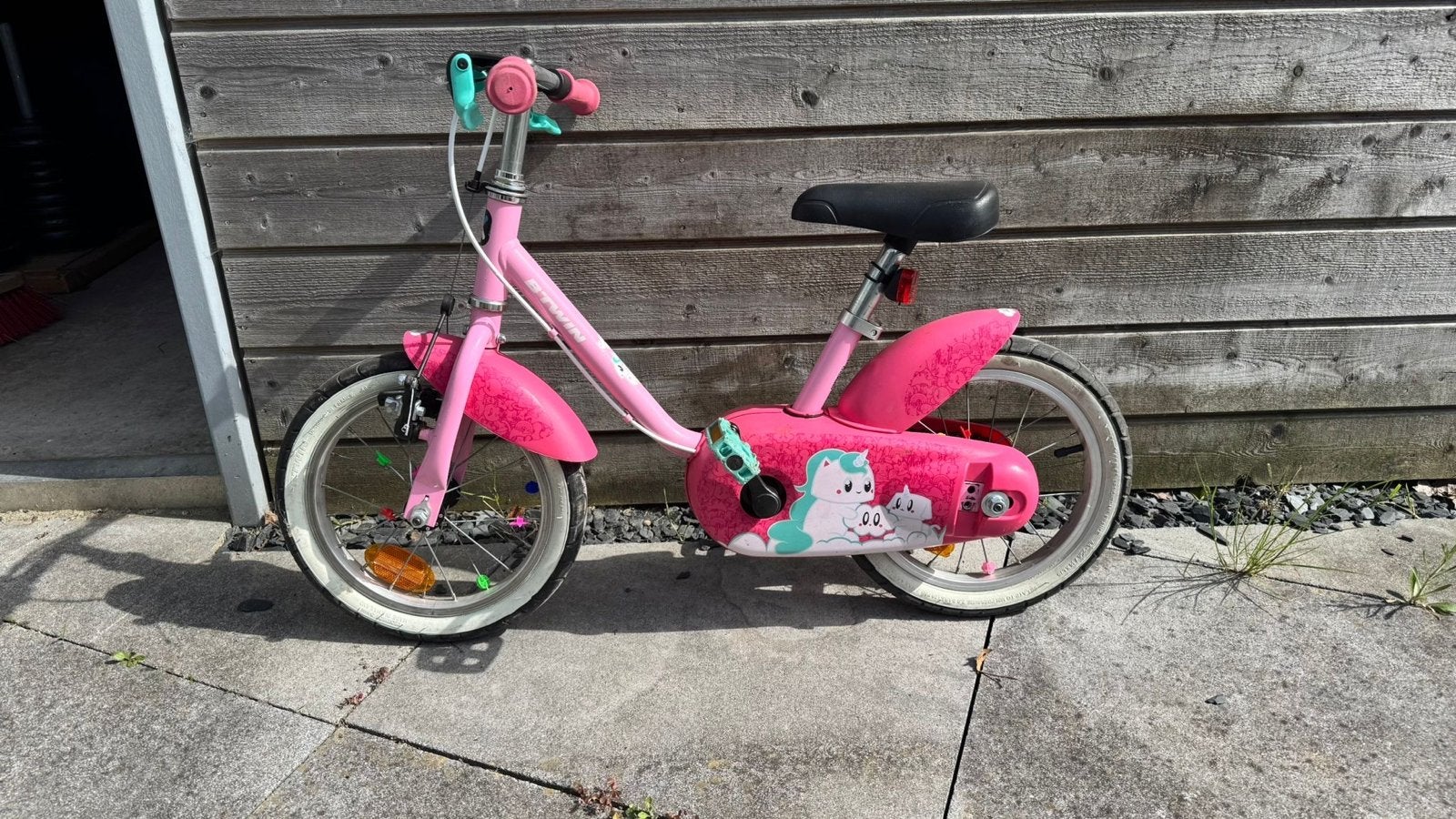 Roze kinderfiets Btwin 14”, Ophalen, Zijwieltjes, Velgrem, Minder dan 16 inch