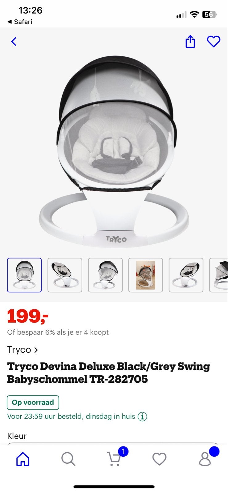 Tryco Devina Deluxe Baby Swing - Zwart/Grijs, Ophalen of Verzenden, Zo goed als nieuw