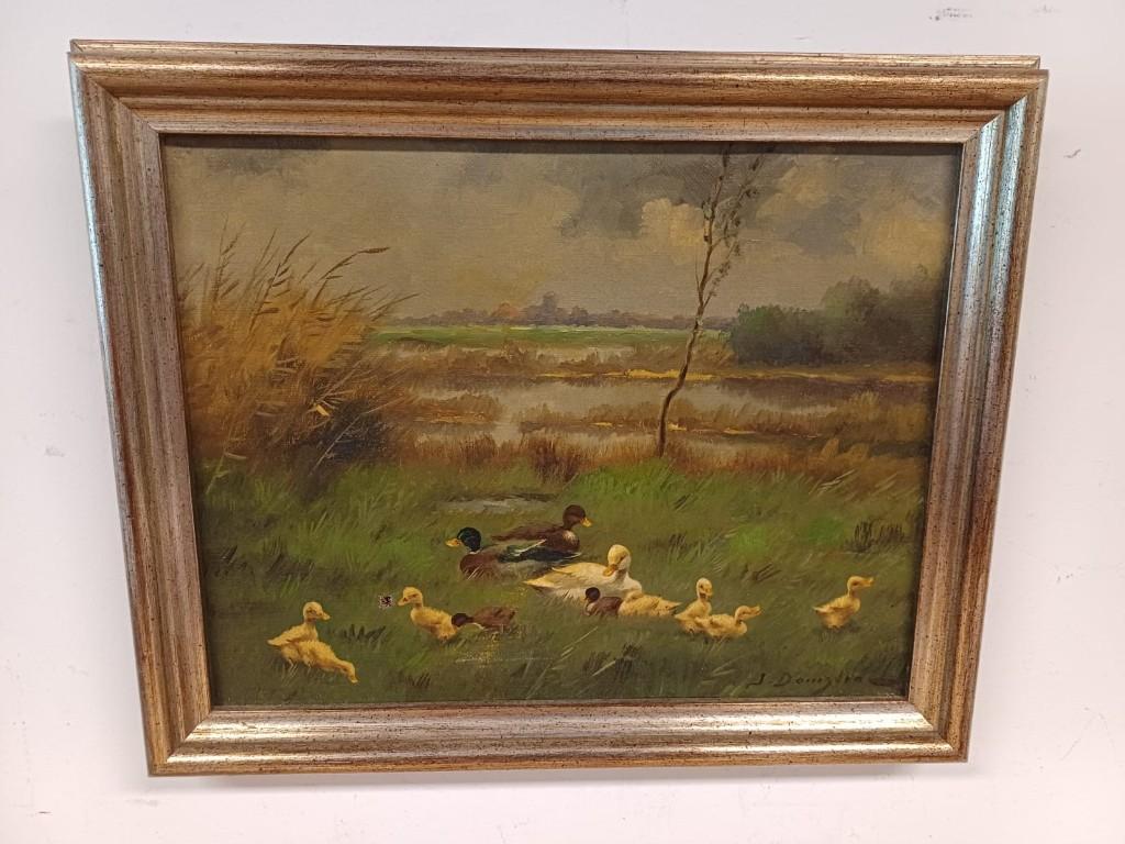 Schilderij J. Damstra - met eendjes, Antiek en Kunst, Kunst | Schilderijen | Klassiek, Ophalen of Verzenden