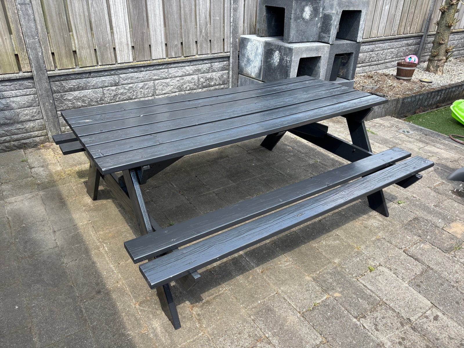 Houten picknicktafel 180 cm – Antraciet (net gelakt!), Ophalen, Gebruikt, Rechthoekig, Hout