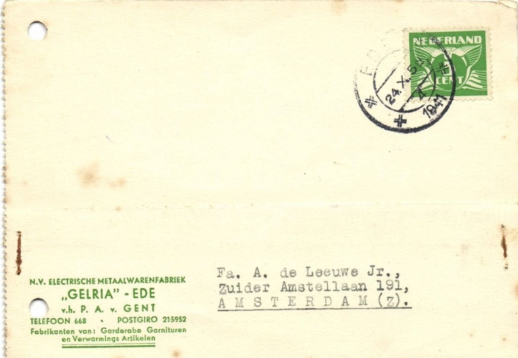 Gelria - Ede, v.h. P.A. v. Gent- 10.1941 - briefkaart, Ophalen of Verzenden, Briefkaart