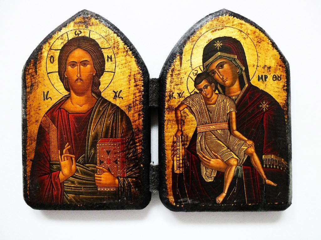 2 Luik Icoon Christus Pantocrator en Maria en Jezus Panagia, Antiek en Kunst, Antiek | Religie, Ophalen of Verzenden