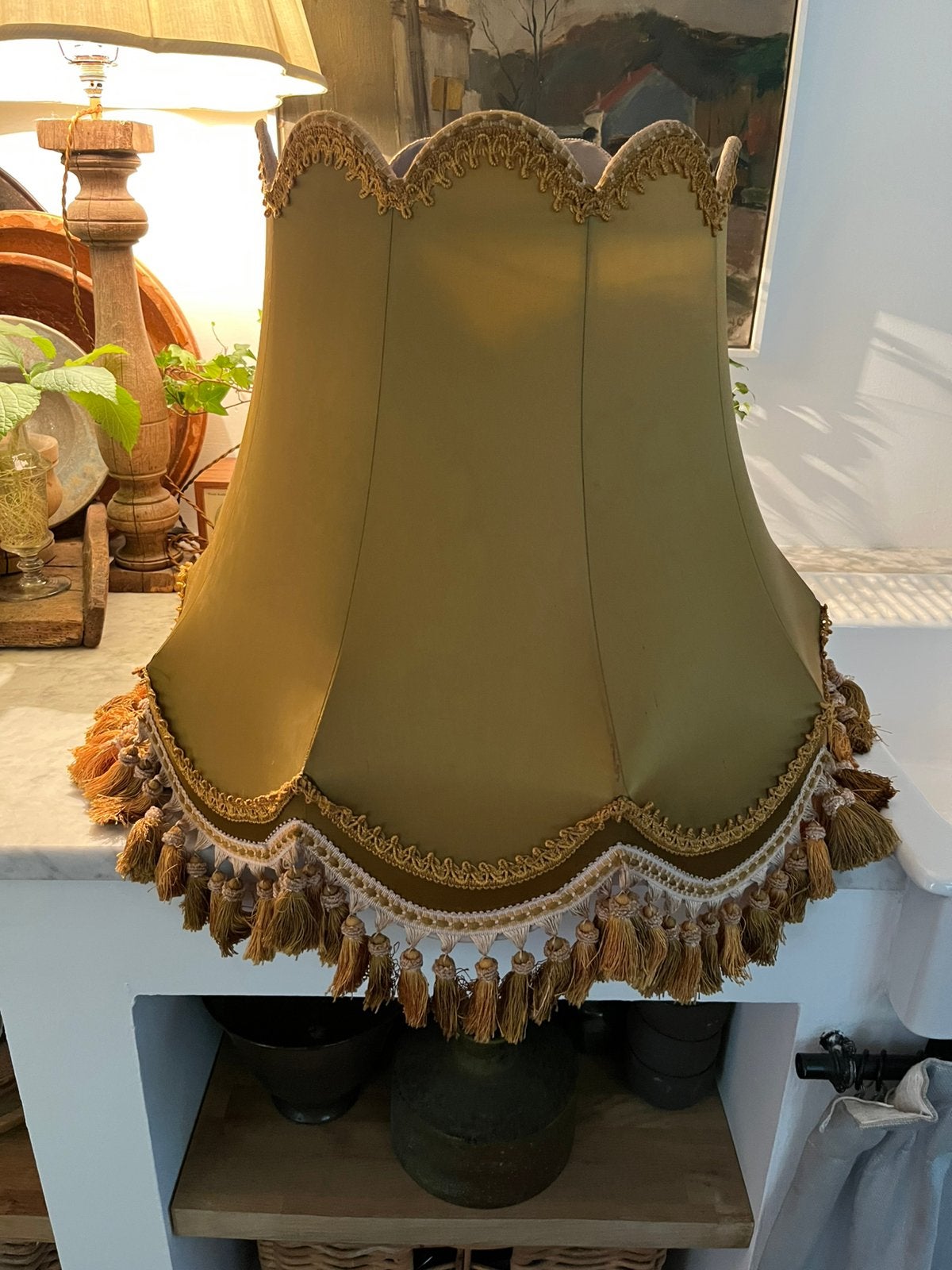 PRACHTIGE ANTIEKE LAMPENKAP GOUD GRANNY MODEL LAMP, Ophalen of Verzenden, Gebruikt, Rond, 50 cm of meer