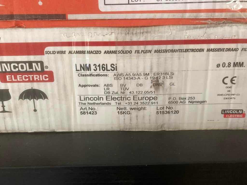 Lincoln Electric LNM 316LSi Massieve Draad RVS  0.8 MM, 15KG, Doe-het-zelf en Verbouw, Gereedschap | Lasapparaten, Ophalen of Verzenden