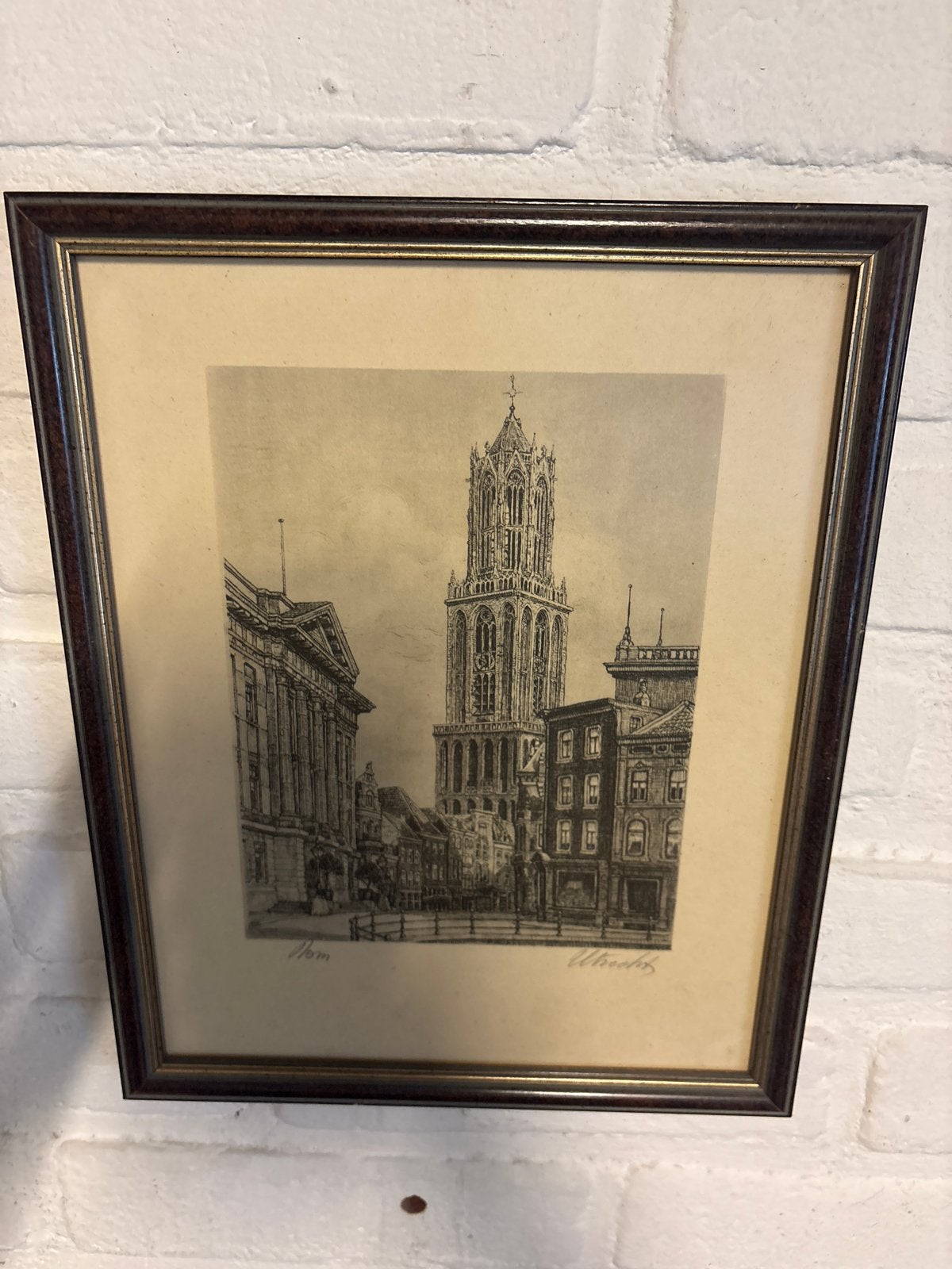 Dom Utrecht - Ingelijste prent 23x29cm, Antiek en Kunst, Ophalen of Verzenden, Stadsgezicht, Ingelijst