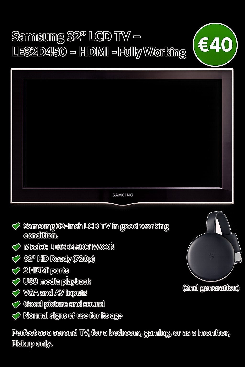 Samsung 32" LCD TV + Google Chromecast – €40, Computers en Software, Ontwerp- en Bewerkingssoftware, Ophalen of Verzenden, Zo goed als nieuw