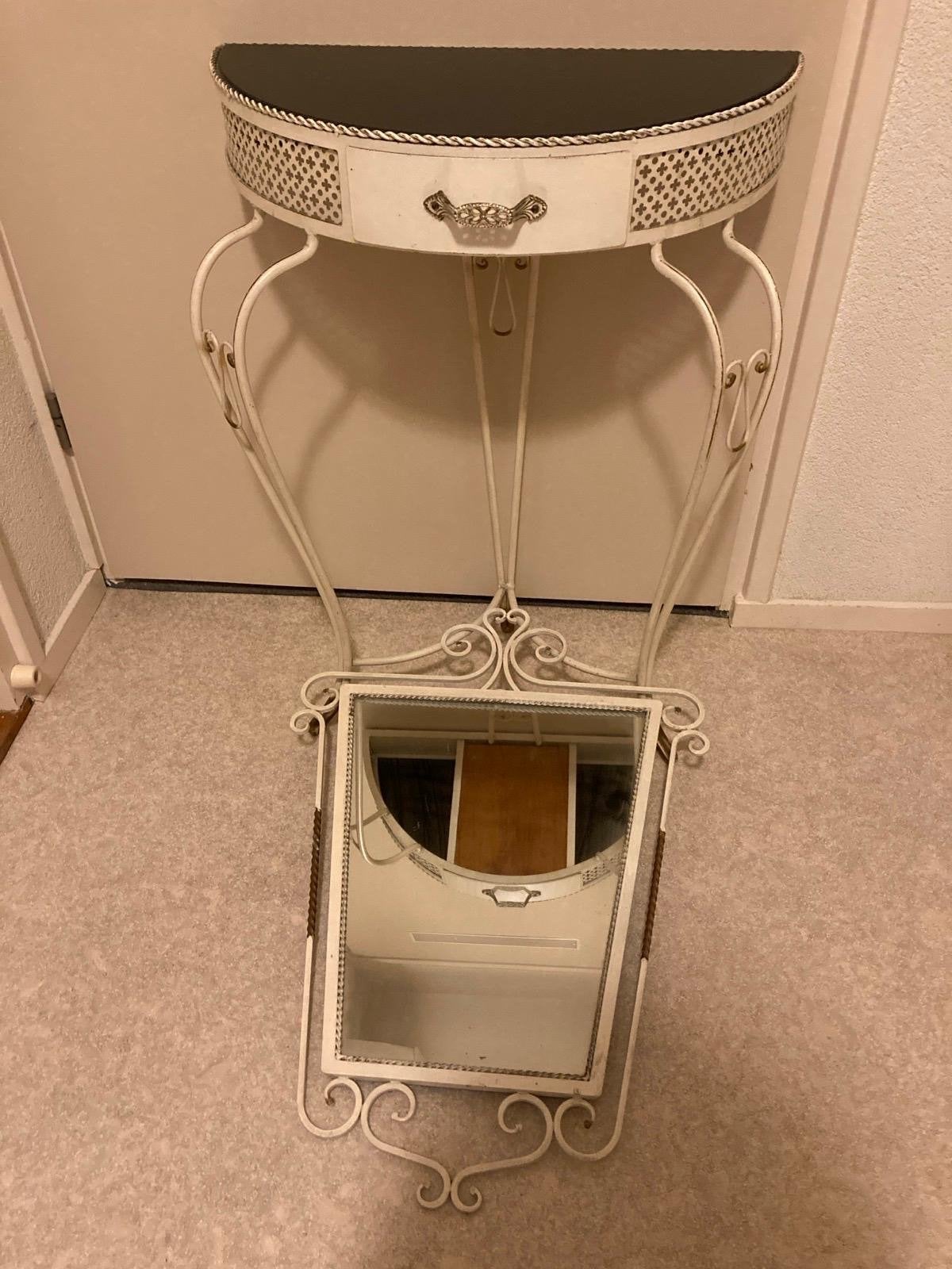 Vintage Console Tafel met Spiegel - Crème Wit Metaal, Antiek en Kunst, Ophalen, Overige vormen, 50 tot 100 cm, 100 tot 150 cm