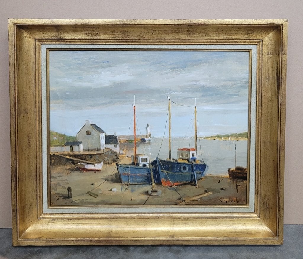 Raymond VAN HOECK, vissersboten bij laagtij, Antiek en Kunst, Kunst | Schilderijen | Klassiek, Ophalen of Verzenden
