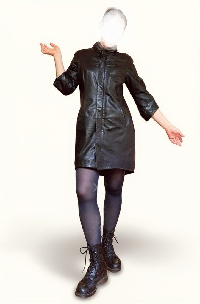 Elegante Saint Rosella leren jurk - Zwart, Maat 42, Zwart, Maat 42/44 (L), Knielengte, Gedragen