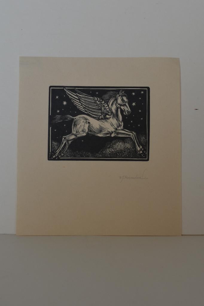 W. J. ROZENDAAL PEGASUS VLIEGEND PAARD MEDUSA Houtsnede R14, Antiek en Kunst, Kunst | Etsen en Gravures, 8 cm, 6 cm, Verzenden
